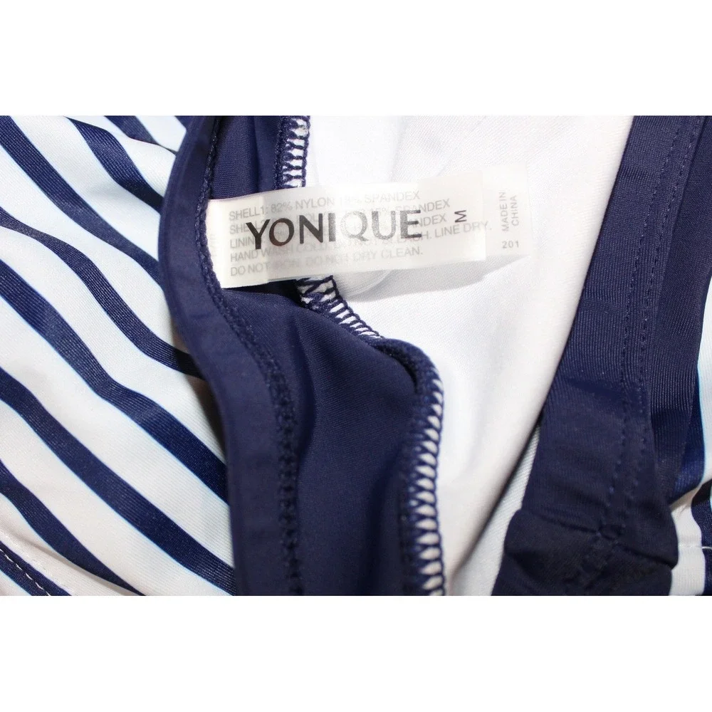 Yonique Womens 3 Piece Tankini Set Navy Blue Striped Bikini Boy Shorts Size M